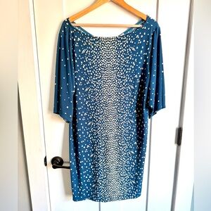 Leota Blue Polka Dot Shift Dress Size 1X | Stretch Knit Short Sleeve Work Casual